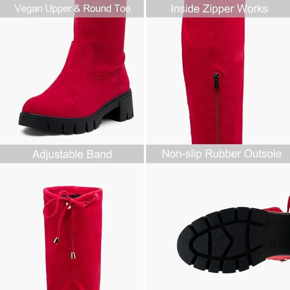 Women's Platform Boots-990-red Over The Knee Thigh High Round Toe Long Boot
